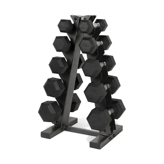 150 lb Coated Rubber Hex Dumbbell Weight Set with A-Frame Rack
